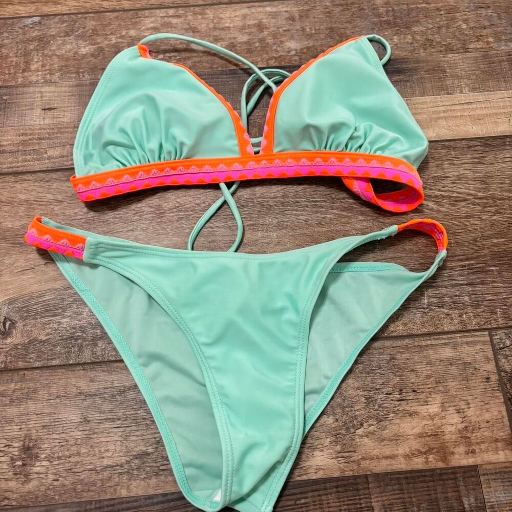 SHEIN Teal Orange Green Vacation Women's Medium Tie Triangle Pink Bikini Set